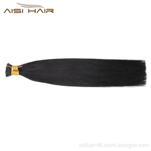 Aisi Hair 10A Unprocessed Silky Straight Human Hair Double Drawn 18 Inch Pre Bonded Black I-Tip Human Hair Extensions